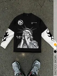 Men's 2 in 1 Patchwork Graphic Print Long Sleeve Knitted Tee, Regular Fit Fitted Casual Retro Streetwear Round Neck T-shirt for Fall, Men's Top for Daily Wear