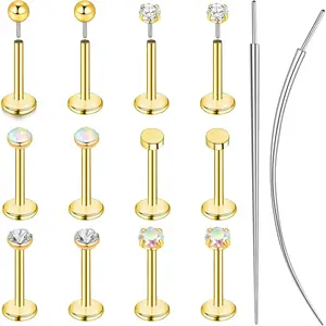 16G 18G 20G Flat  Nose Studs 14K  Threadless Flat  Earrings  Stainless Steel Nose Rings Studs Cartilage Earrings Tragus Helix Labret Lip Conch Push in Stud Earring for Women Men