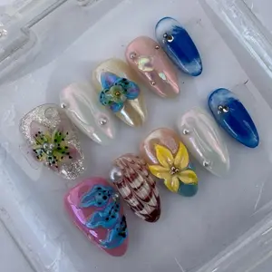 Handpainted 3D Nails Almond Shape 3D Sculptured Flower Press On Nail Set 10 Pcs French Tips Acrylic Reusable Handmade High Quality Salon Quality Manicure