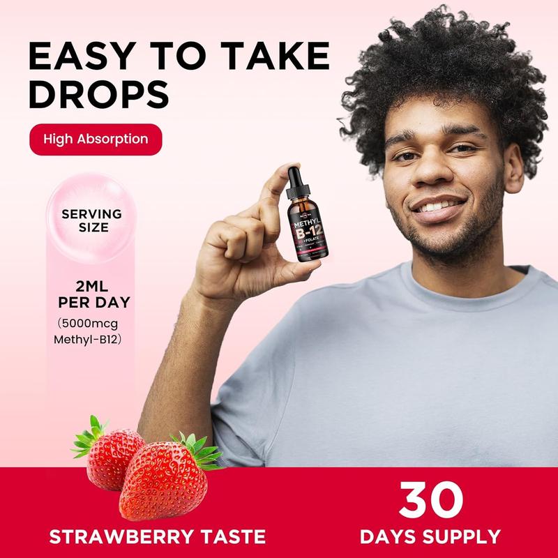 ReviNutra Vitamin B12 Drops Sale | 5000mcg B-Complex with Methylcobalamin, Folate & B6 – 2oz Vegan Strawberry for Energy & Heart Health