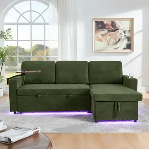 85" Convertible Sleeper Sofa Bed, Sectional Pull Out Sofa with Storage Chaise, LED Lights, Cup Holder & Charging Stations, L-Shaped Couch Bed with Retractable Table for Living Room, Green