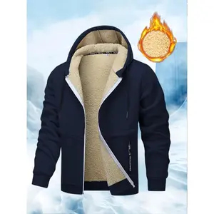 Men's Winter Sherpa Fleece Lined Warm Hooded Jacket with Zipper Pocket, Thick Warm Zipper Coat Suitable for Autumn and Winter Casual Long Sleeve