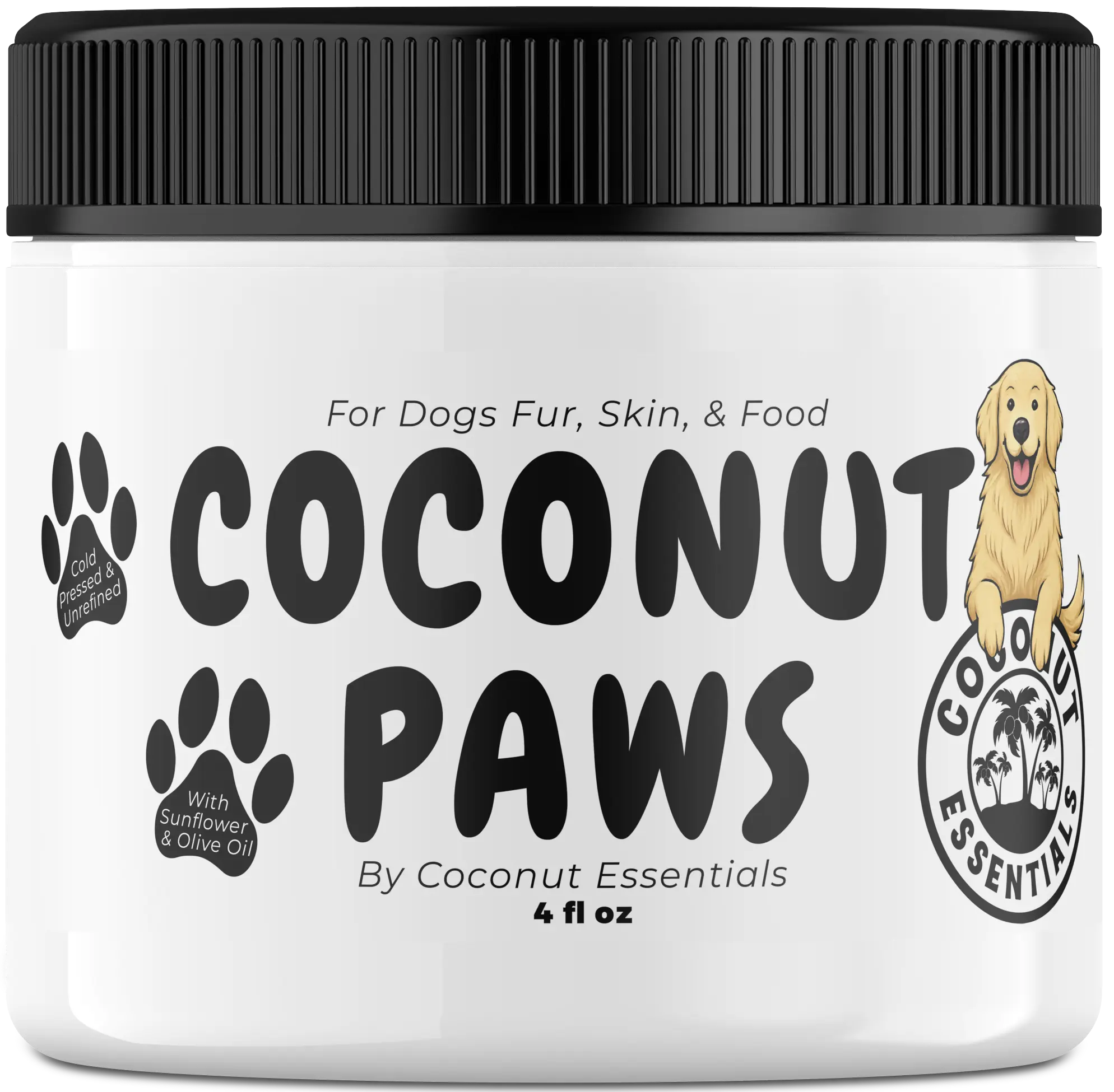 Coconut Paws Organic Dog Oil - 4 fl oz Cold Pressed Unrefined with Virgin Olive & Sunflower Oils, Moisturizing Natural Ingredients for Skin, Hair, Nails & Nourish Ears, Shine & Enhancement - Coconut Essentials