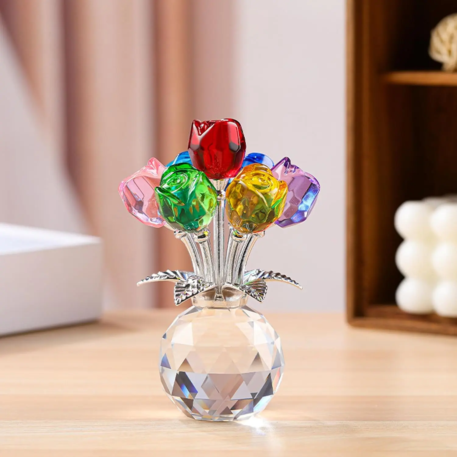 Crystal rose ornament with crystal vase, colorful crystal flower bouquet decoration, home desktop ornament, gift for women for Valentine’s Day and birthdays