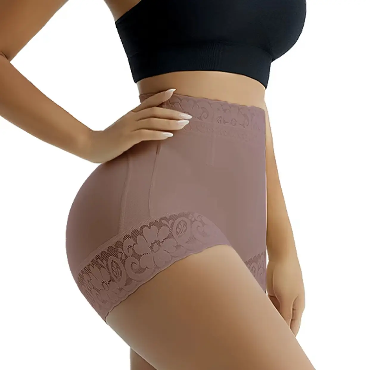 Women's Plain Contrast Lace High Waist Shapewear Panty, High Stretch Tummy Control Butt Fit Lifting Shaper, Women's Shapewear Bottoms for Everyday Dai