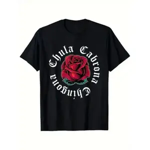 Latina Power & Rose Motif Top - ‘Chingona’ Vibe with Gothic Lettering for Street Style, Casual daily wear. Sporty T-shirt. Suitable for all seasons. Loose and fitted.
