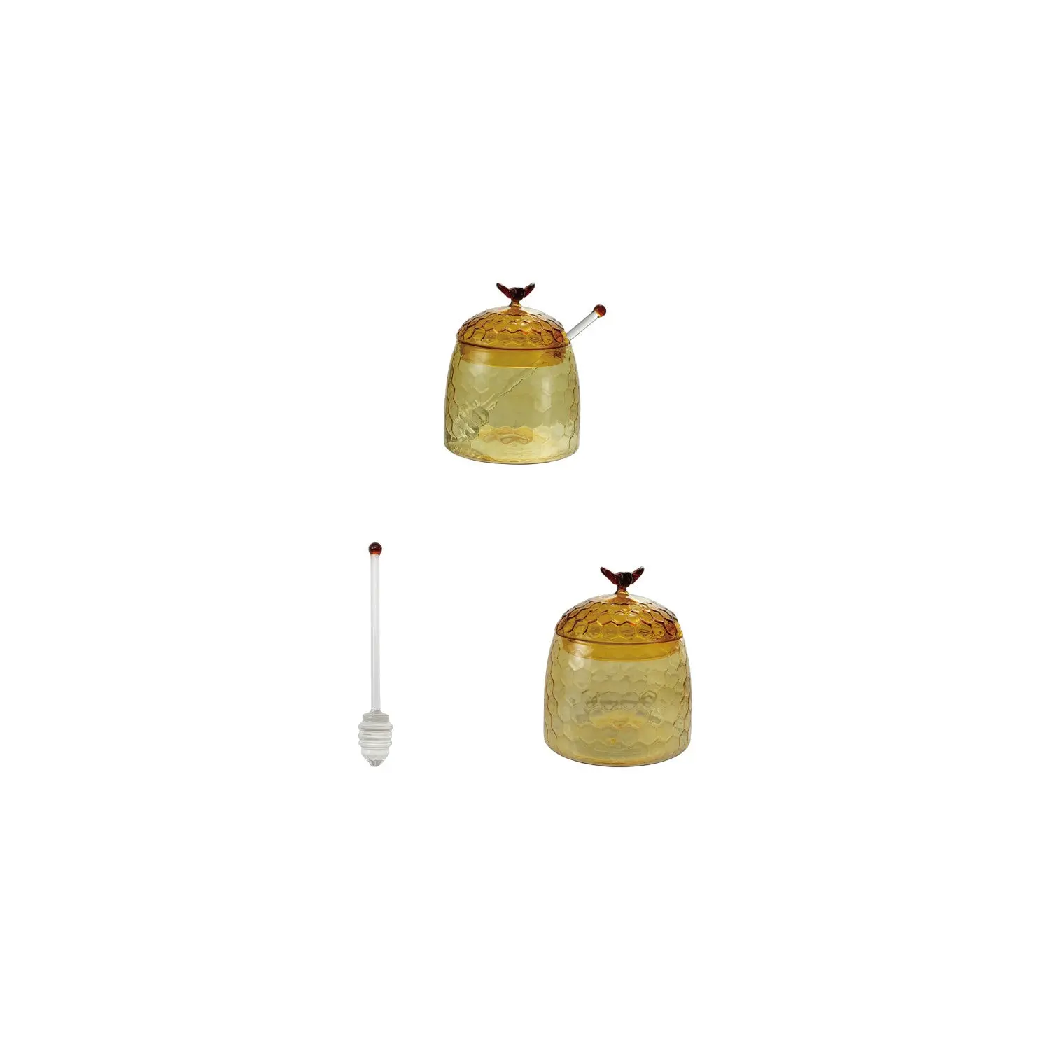 Glass Honey Jar with Decorative Bee Finial, Secure Lid, Honey Dipper - Elegant Kitchen Preserving Canister, Everyday Use Food Storage Container, All Seasons Thoughtful Gift