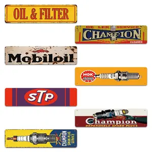 7 Pieces, Classic Gasoline and Cars Poster Decorative Signs and Plaques - Vintage Style Metal Tin Signs for Garage, Man Cave, Bar, Office, Workshop, Gas Station Wall Decor - Easy to Install, Vintage Home Decor, Outdoor Decor, Yard Sign 4x16 Inch