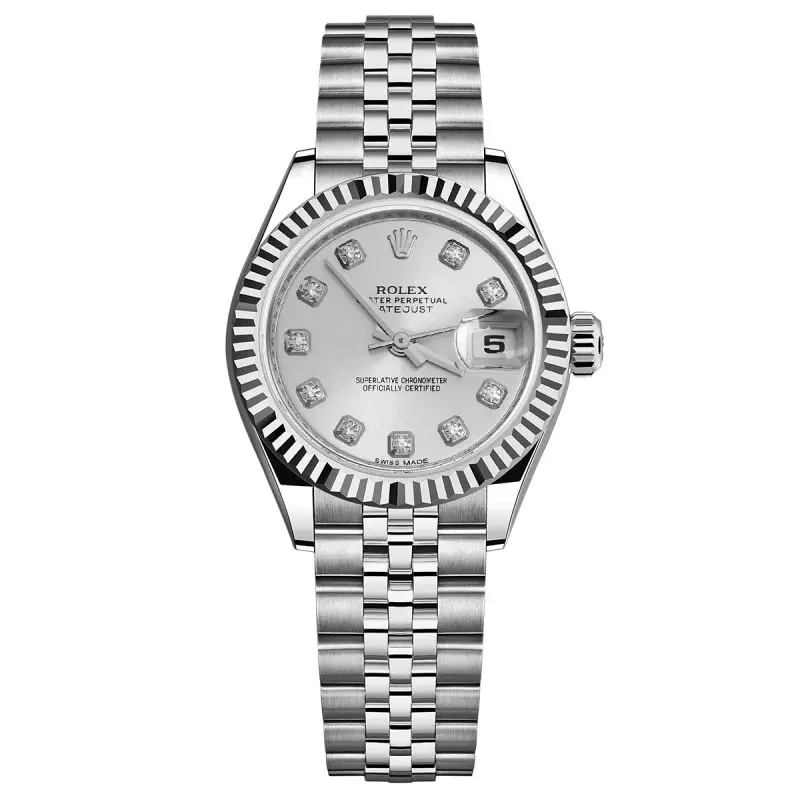 Rolex Lady-Datejust 26 179174 Automatic Stainless Steel and 18K White Gold Fluted Bezel Silver Dial with Factory Diamond Hour Markers Ladies Watch WHT032116
