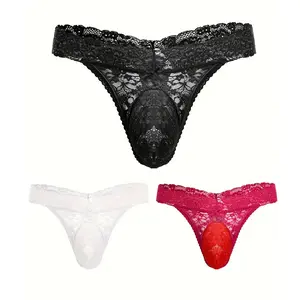 Men's Lace Frilly Thong Underwear, Mesh T-back Thong Bikini Mens 3 Pack Multicolor