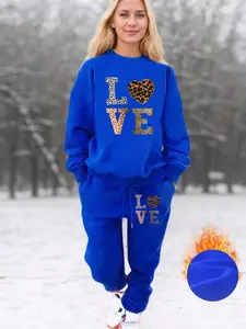 [Plus Size] Two-Piece Set Leopard Letter Print Sweatshirt & Pants Set, Casual Round Neck Long Sleeve Pullover & Trousers, Women's Two-piece Outfits Womenswear for Fall & Winter, Fitted