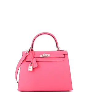 Pre-owned HERMÈS Leather Top Handle Bags Hermes Kelly Handbag Rose Azalée Chevre Mysore with Palladium Hardware 25 by Rebag