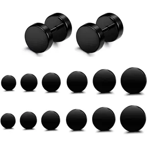 FIASASO 6 Pairs Stainless Steel Black Stud Earrings for Men Women Faux Gauges Ear Tunnel Fake Gauge Earrings 3-8mm