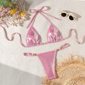 Glossy Shimmer Holo Women Beach Bikini Two Piece Set, S - L Flash Pink Silver Nude Brown Sexy Swimsuit Bra Underwear Set, Fashionable Side Ties Cheeky Summer Beach Bathing Suit
