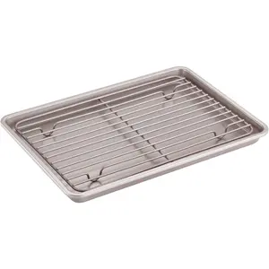 Roasting Pan with Rack, 13-Inch Non-Stick Rectangular Shallow Dish Sheet Pan with Wire Rack for Oven Baking, BBQ, Jelly Roll and Roasting, 9" x 13" x 1" (Champagne Gold)
