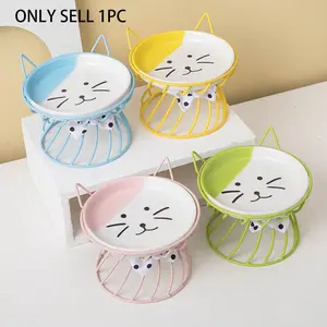 Ceramic Cat Bowl with High Foot Design, Shallow Mouth & Large Diameter, Garfield Themed Flat Face Bowl for Cats & Pets