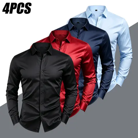 JOGWAVE 4PCS Men’s Slim Fit Long Sleeve Button-Front Dress Shirts - Wrinkle-Resistant, No-Iron, 4-Way Stretch, Silky, Skin-Friendly, Turn-Down Collar, Office Work Clothes, Business Wear, Full Sleeves