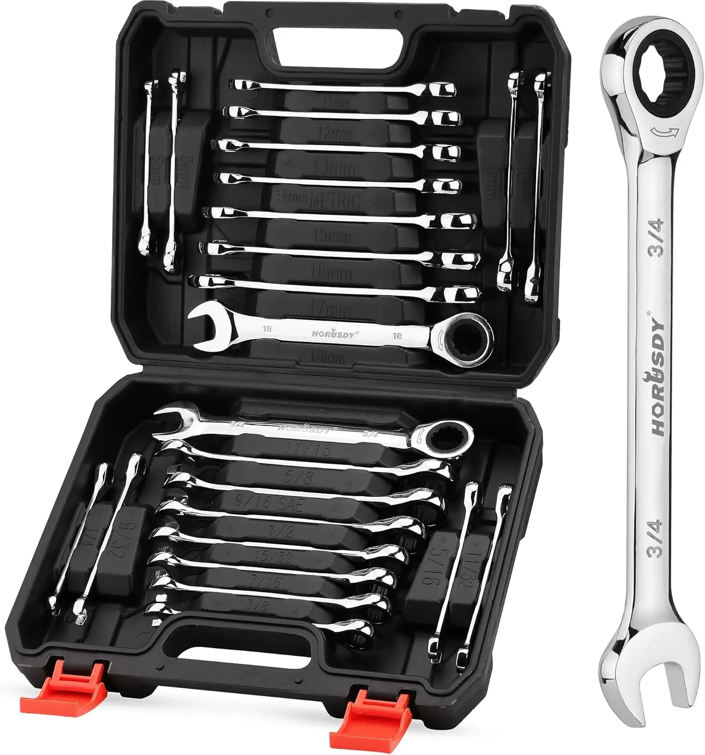 HORUSDY 24-Piece Ratcheting Wrench Set | Metric and SAE | Ratchet Combination Wrenches Set with Organizer | 72-Tooth | Chrome Vanadium Steel | 6-18 mm & 1/4” to 3/4“, tool box, TikTokShopBlackFriday