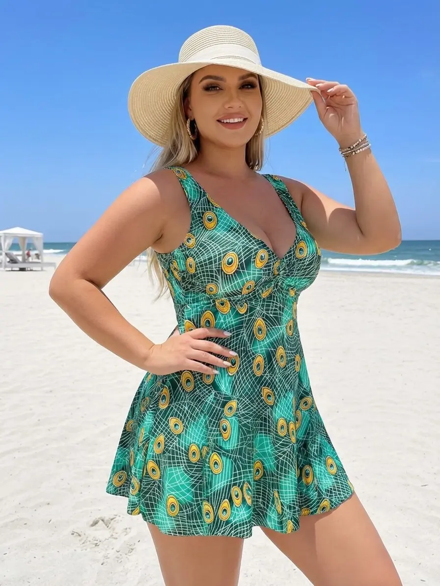 Women's Plus Size Skirted Tankini, 2-Piece Peacock Feather Print Bathing Suit with Tummy Control, V-Neck Top and Built-in Boyshorts, Modest Beach Wear, Swimsuits Tummy Control, Curvy Women's Tankinis Set, Skirts, Women's Swimsuits