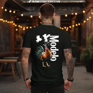 Modelo Rooster T-Shirt - Bold Rooster Graphic With Dynamic Fighting Cocks , Perfect For Beer Lovers And Fiesta Enthusiasts , Casual Daily Wear , Relaxed Fit , Unisex Style , Unique Modelo Design Crewneck Menswear Classic