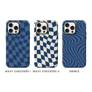 Blue Wavy Checkered Phone Case – Aesthetic Swirl Checkerboard Shockproof Protective Cover for iPhone 7/8/X/XS/XR/XS Max/11/12/13/14/15/16/17 Pro Max/Air & Samsung Galaxy