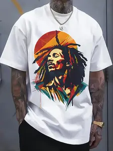 Men's Reggae Style Patterned T-Shirt - Brightly Colored Dreadlock Character Print, Breathable Polyester Knit Fabric, Summer Casual Short Sleeve Top and Essential for Weekend Outings |   Casual style shirt |   Machine washable
