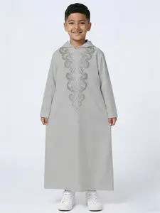 Kids Gray Gray Scroll Embroidery Hooded Long Robe, Ramadan Special Muslim Boys Jubba