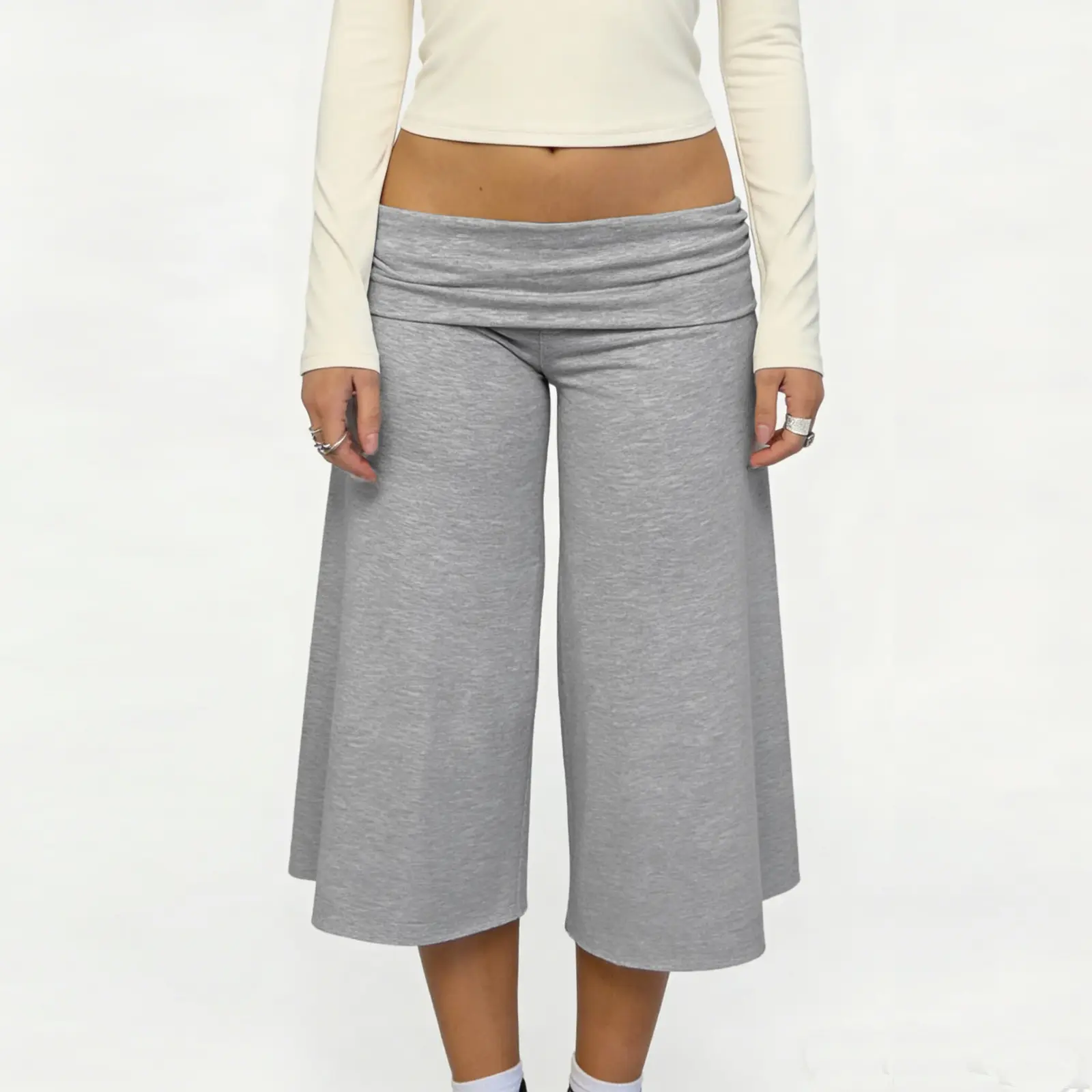 Women’s Fold Over Wide Leg Spandex-Rayon Fabric Capri Pants - Casual Loose Culotte Bottoms for Streetwear Everyday Wear; Pair with Tops, Tank Tops (Sports & Outdoor Joggers), Cropped, Basic, Comfortable, Fit, Breathable, Lightweight, Crop, Soft