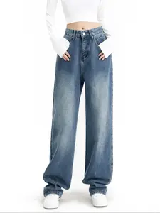 Women's Casual Wide Leg Jeans with Pockets and Button, Comfortable Loose Fit Denim Fabric, Perfect for Daily Wear, Halloween, Back-To-School Season