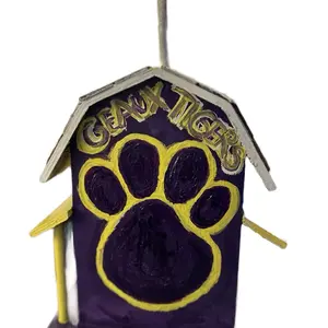 Hand-Painted LSU Louisiana State University Birdhouse with Geaux Tigers Logo and Purple Paw Print Design