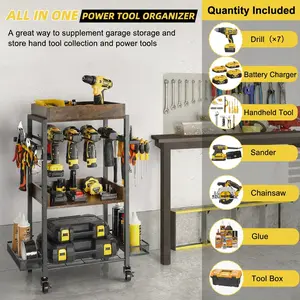 Rolling Power Tool Organizer, Garage Tool Storage Cart with Drill Holder, 3 Tier Utility Rack with Wheels, Top Tray, Side Baskets and Hook Hangers, Heavy Duty Tool Organizer for Cordless Drills, Batteries, Hand Tools, Workshop, Garage Storage
