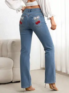 Women's High Waist Indigo Medium Wash Denim Jeans - Slim Bootcut, Cherry Bow Embroidery Back Pocket, Womenswear Bottoms