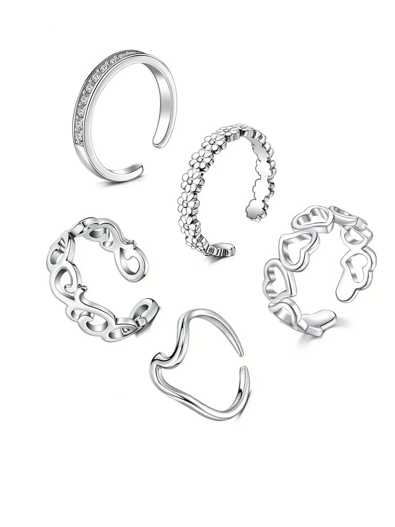 Punk Style Stainless Steel Toe Ring (5counts/set), Adjustable Open Toe Ring, Fashionable Rhinestone Decorated Toe Ring for Women & Men, Non Tarnish Jewelry, Maximalist Jewelry, Body Jewelry, Body Jewellery