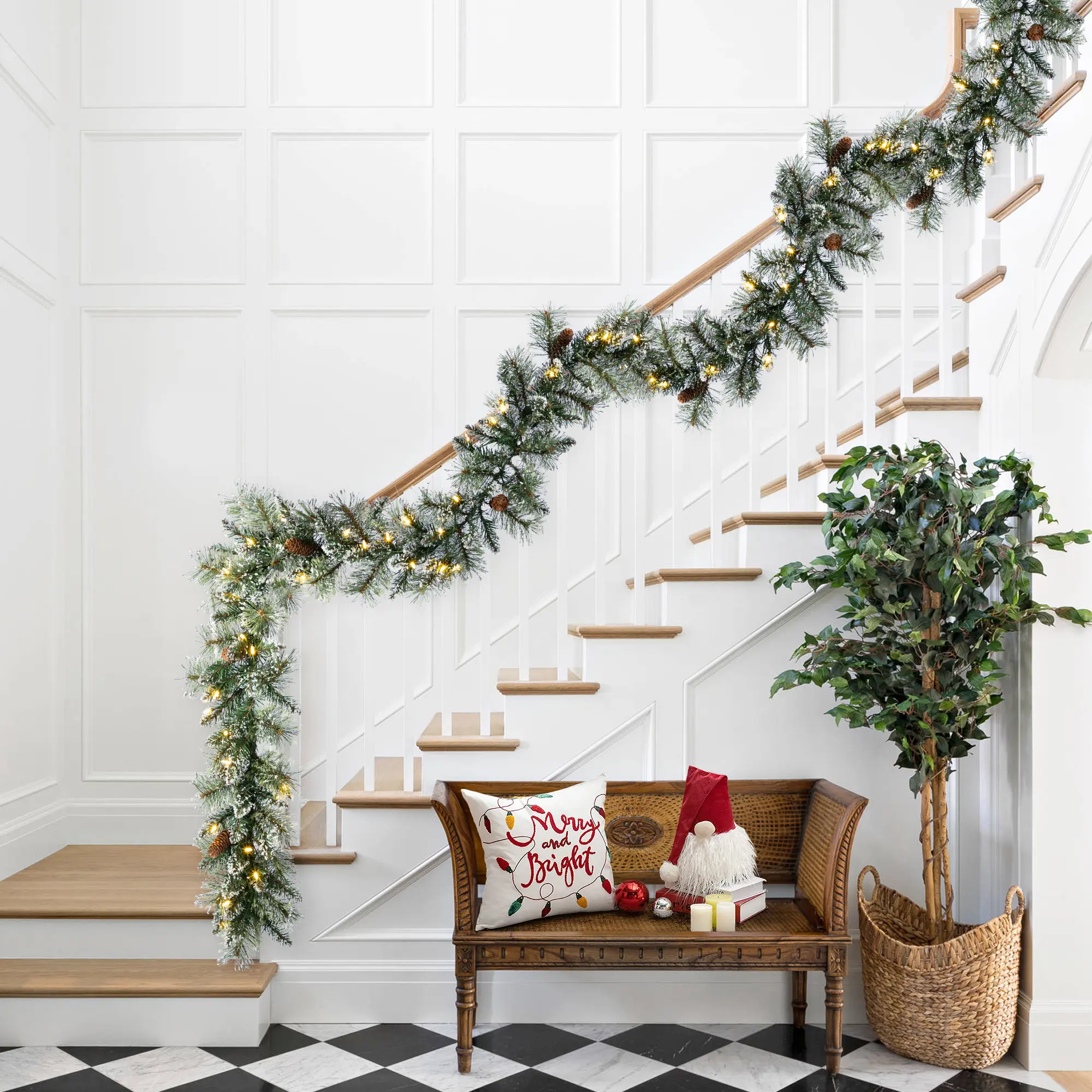 Glitzhome 9ft & 6ft Pre-Lit Frosted Greenery Pinecones Christmas Garland & 3ft Teardrop, Light