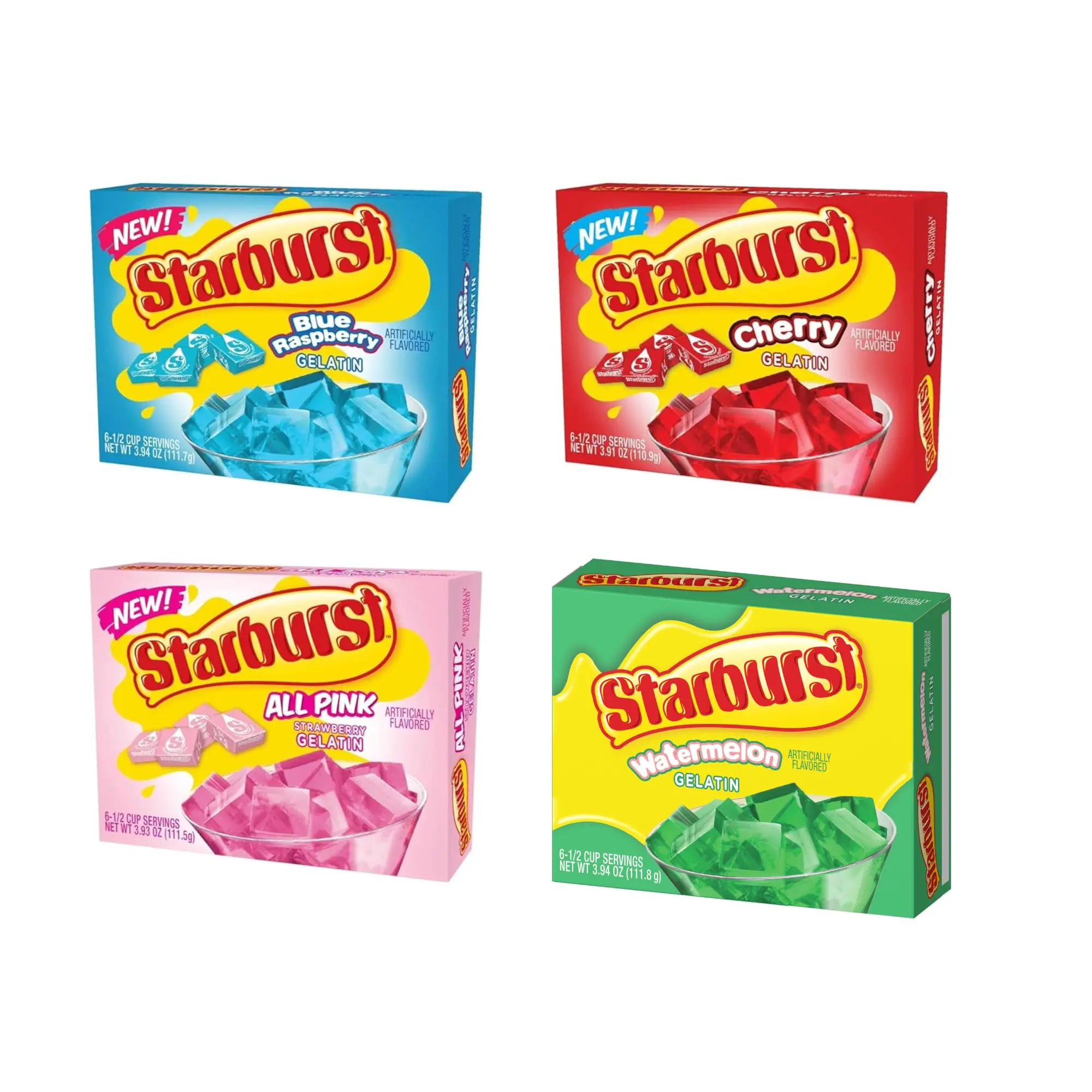 Starburst Gelatin variety pack, 4 flavor Watermelon, Blue Raspberry, All pink Strawberry, and cherry (3.89 OZ each)