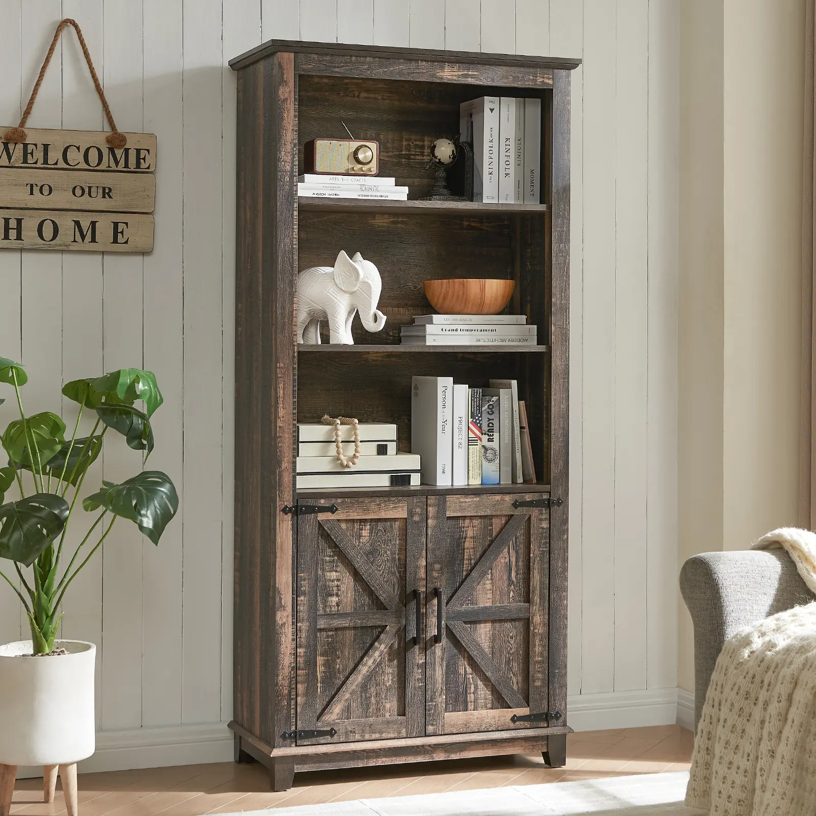 AMERLIFE Farmhouse Bookcase with Doors, 5 Shelf Bookshelf Storage Cabinet with Adjustable Shelves & Barn Door, Versatile Storage Pantry Cabinet