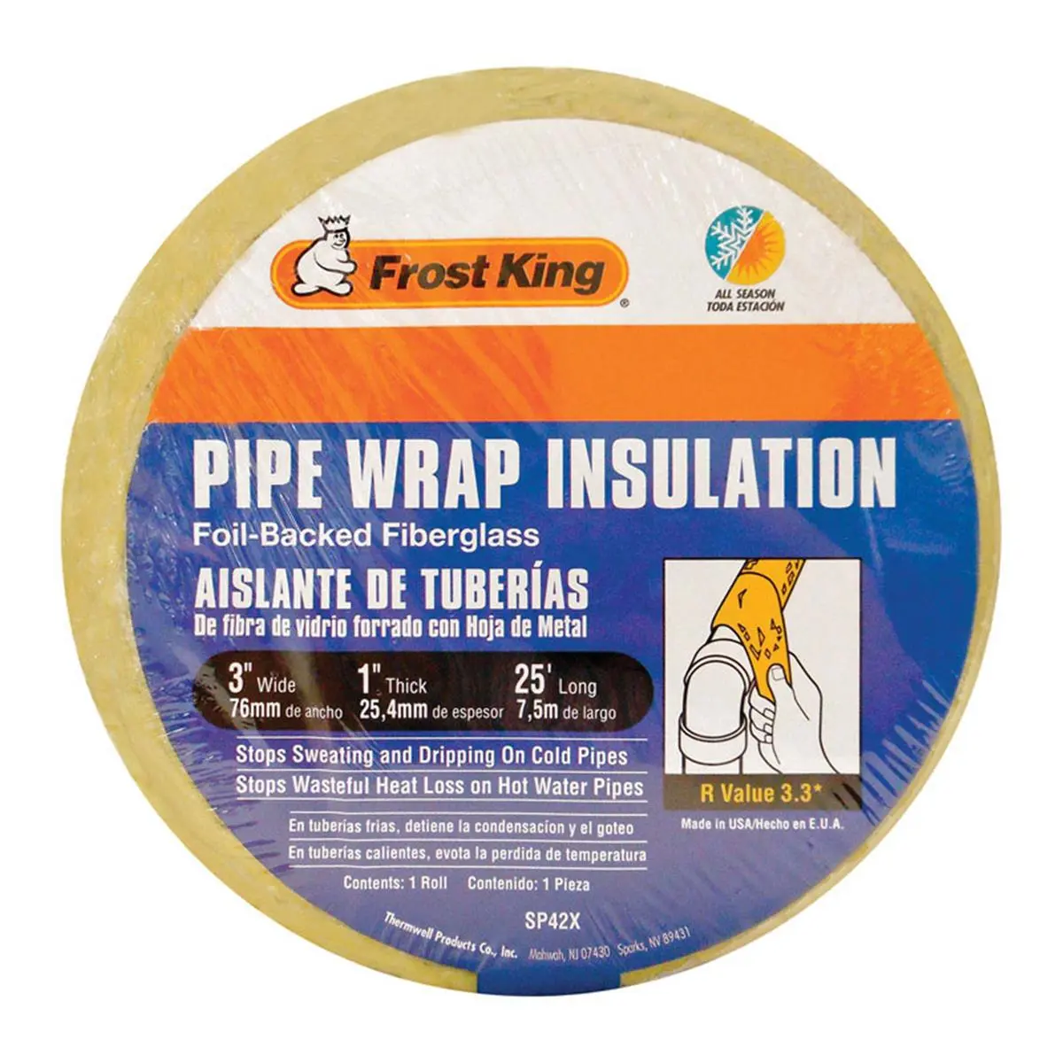 Thermwell Products SP42Xby16 Foil-Fiberglass Pipe Insulation Wrap Roll, 25 ft Length, 3 in Size, 8.75 in H x 8.75 in W x 3 in L, for Sailing Water Sports, Pipe Wrap Roll