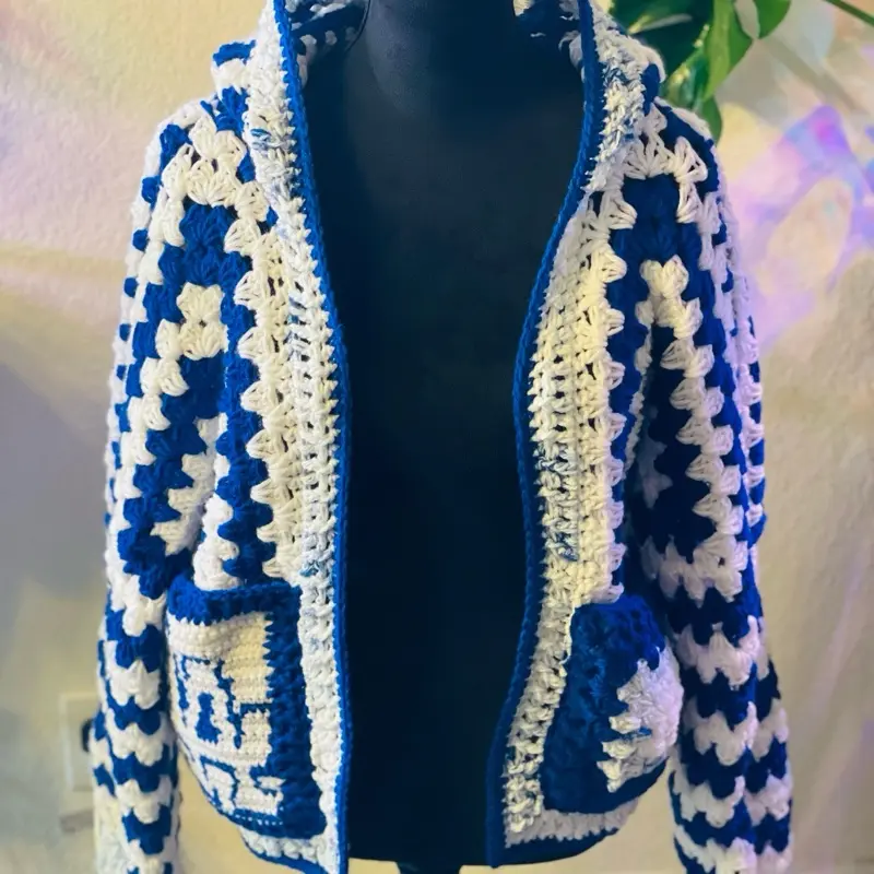 Dodger Fan Inspired Hexagon Cardigan - Blue & White Crochet Design for Casual Wear
