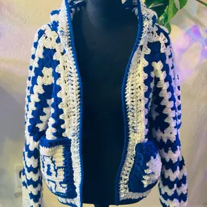 Dodger Fan Inspired Hexagon Cardigan - Blue & White Crochet Design for Casual Wear