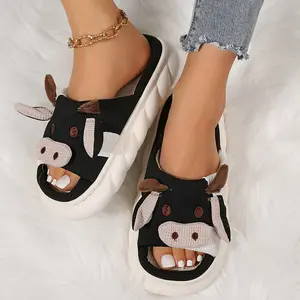 Women's Soft Cute Cartoon Cow Shape for Comfy Home Wear  Linen Fabric Thick Bottom Slippers