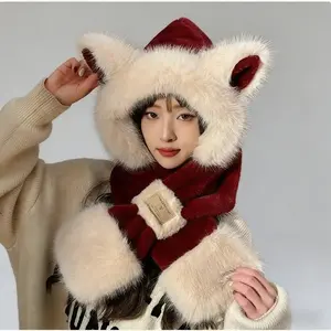 Winter Hooded Scarf with Fox Ear Design | Thickened Plush Hat Scarf for Cold Weather, Integrated Ear Protection & Cozy Warmth
