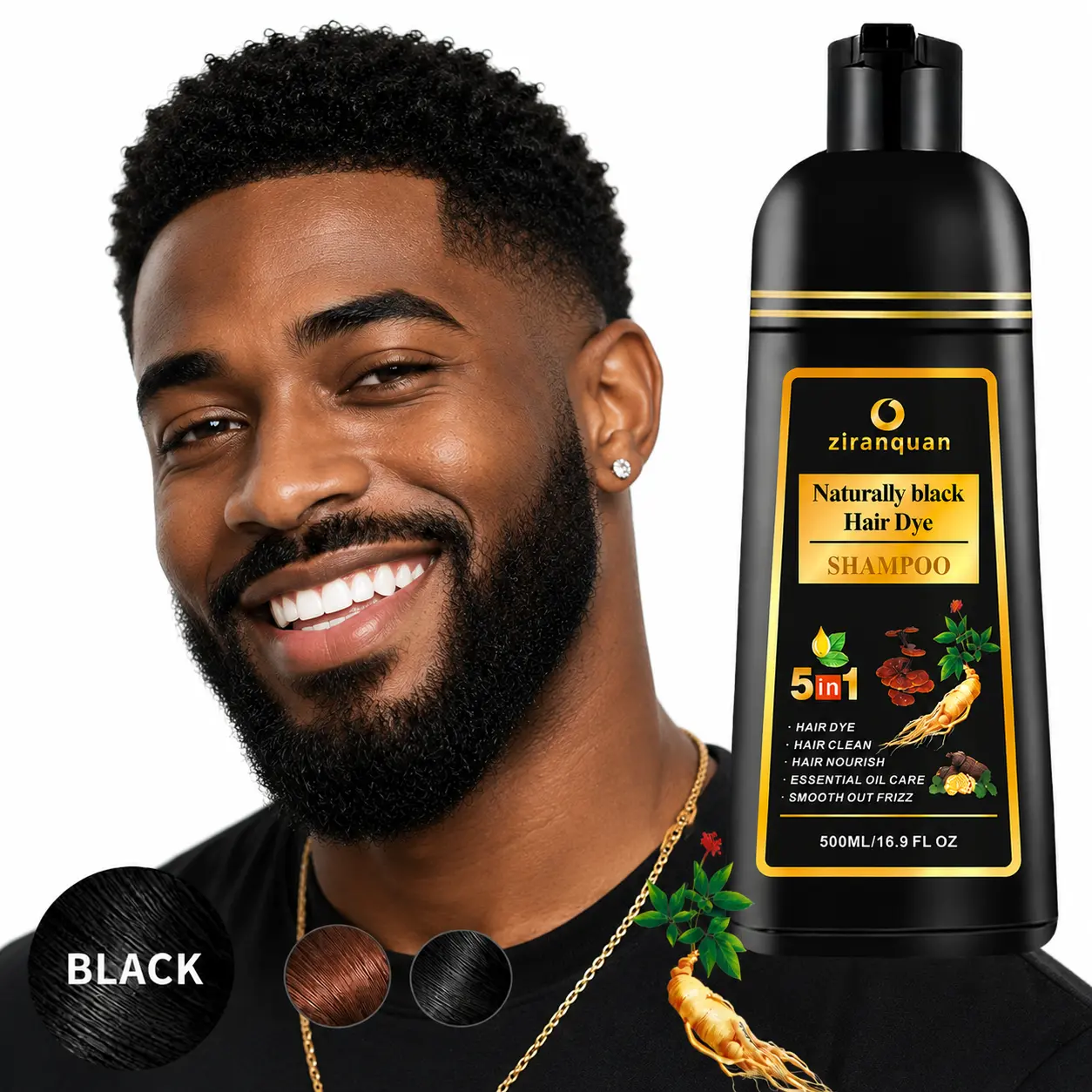 5-in-1 Natural Black Hair Color Shampoo for Gray Hair Coverage - Easy No Mix At-Home Hair Dye for Men & Women | Vegan, Ammonia-Free Herbal Formula with He Shou Wu | Fast 10-15 Min Color Depositing Shampoo & Conditioner, 500ml