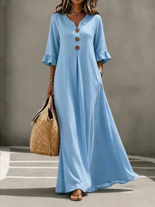 Women's Fall Winter New Solid Button V-Neck Long Dress, Elegant and Chic Midi Skirt, Comfortable Design for Daily Wear