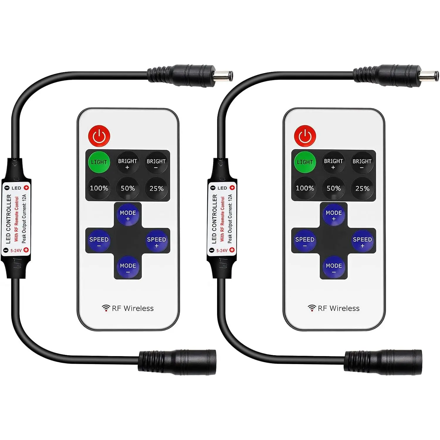 RF LED Strip Light Dimmer Controller 5-24V 6A, 11-Key RF Wireless Remote LED Strip Controller for Single Color 3528 5050 , DC Connector LED Dimmer Switch, 2 Pack