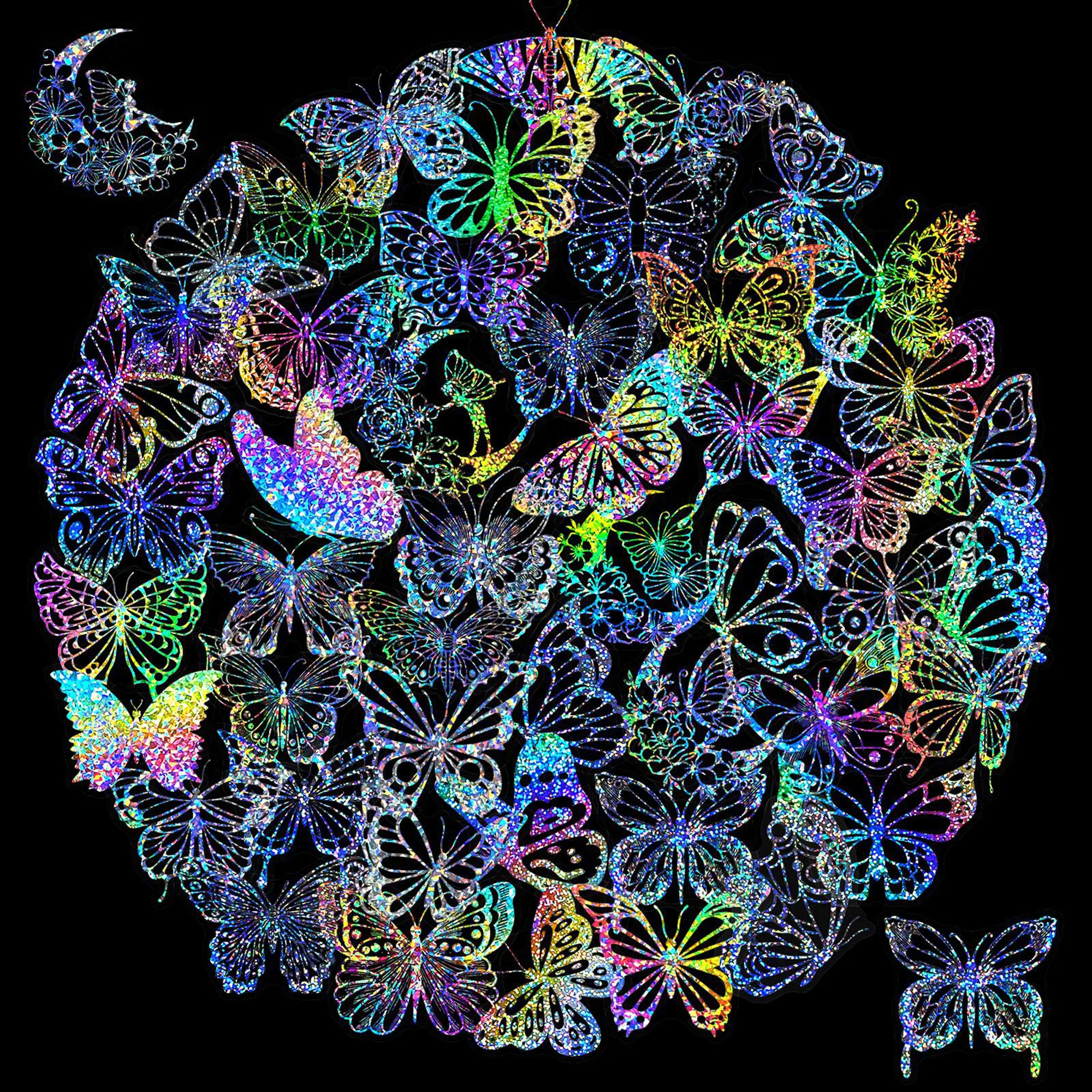 100pcs Holographic Butterfly Stickers – Iridescent Vinyl for Water Bottles, Journals & Laptop Aesthetic