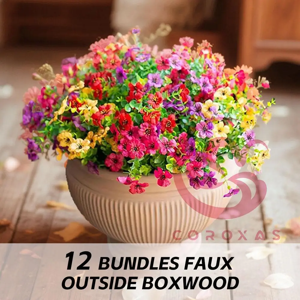 COROXAS 12 Bundles Faux Outside Boxwood UV Resistant Fake Outdoor Flowers Safe Colorful Decor for Mom Approved Home Garden Kids' Party