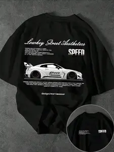 1 Unisex Black Oversized Tee, JDM Supercar "Speed" Graphic Print, Double-Sided Design, Streetwear, Street Racing Style, Ideal for Casual Daily & Car Enthusiasts