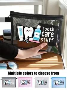 Mesh Storage Bag, Travel Organizer Bag, Cute Dental Theme Travel Toothbrush Holder, Ideal for Oral Care Essentials, Perfect for Travellers, Families, Students, Durable Pouch