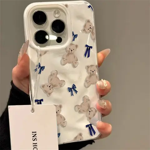 Cute Bear & Blue Bows TPU Plastic Smartphone Case - Shockproof Protective Cover, Secure Comfortable Grip, Soft Casing for iPhone 11 Pro Max,12,13,14 Plus,15,16 Pro Max,17,17 Air,18,18 Air Mobile Accessories