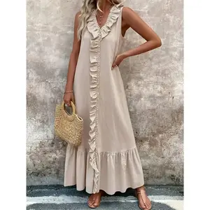 Women’s plain ruffle-trim dress—an elegant, fashionable casual dress for daily outdoor wear; a women’s summer dress.